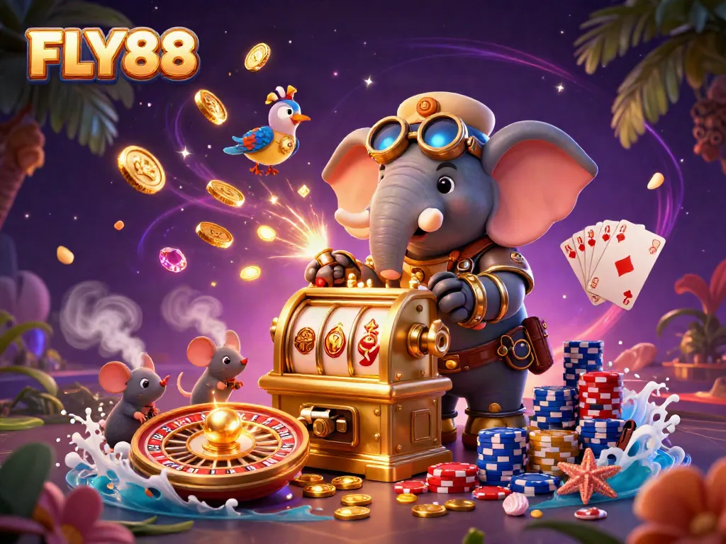 FLY88-themed casino illustration showcasing the excitement of slot machines and roulette.