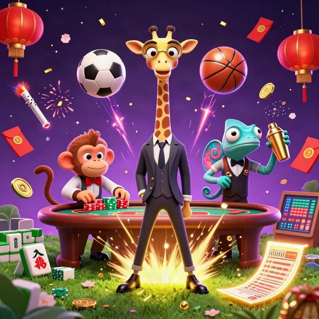 Cartoon giraffe, monkey, and chameleon amid flying balls, chips, lanterns, and neon casino energy.