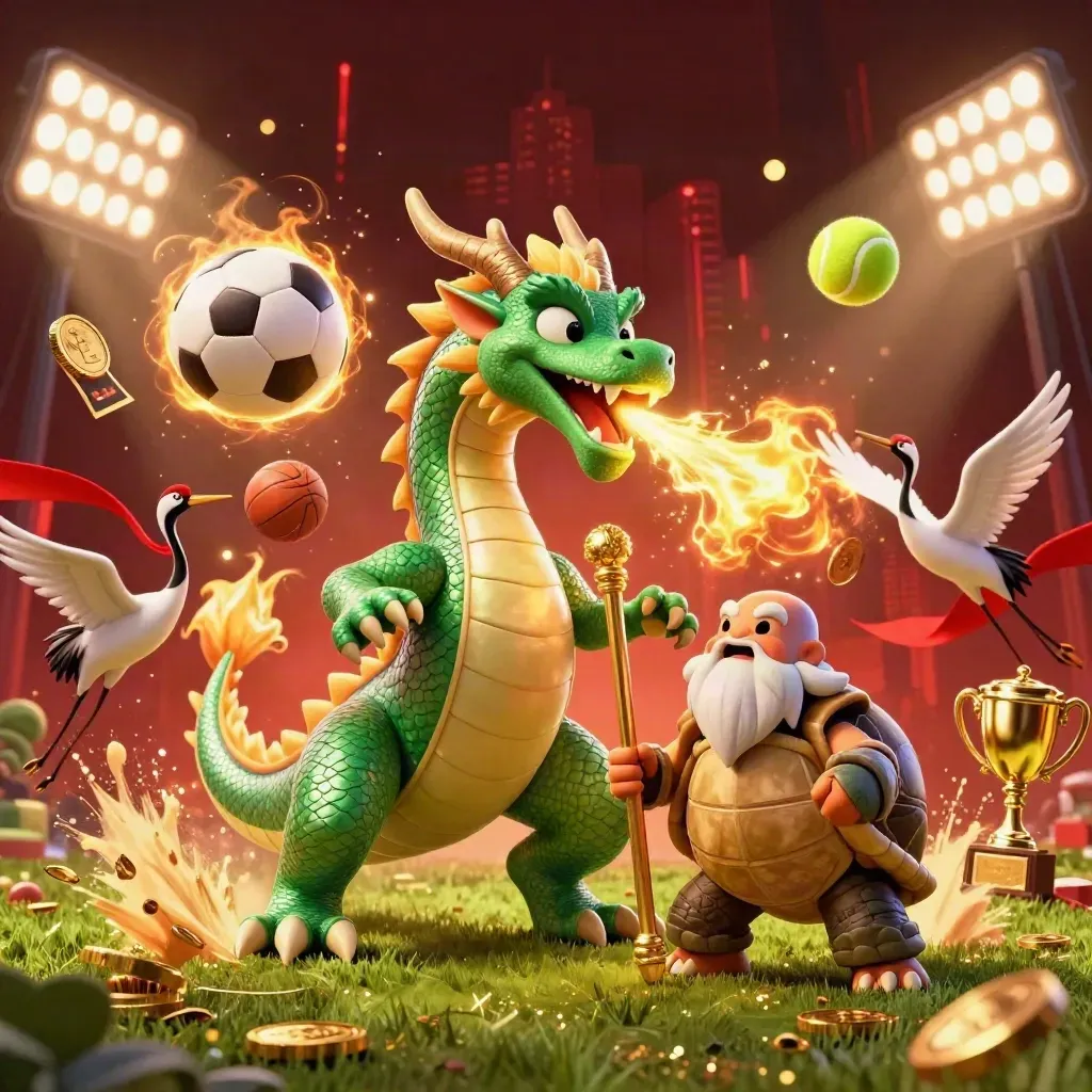 Emerald dragon, turtle sage and cranes amid flying sports balls, gold fire and casino glow.