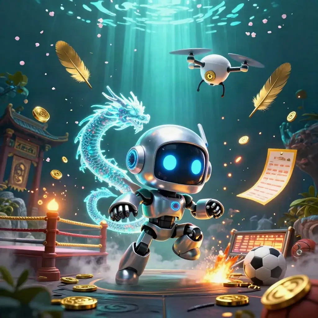 Chrome cyberpunk robot, holographic dragon, and coin drone amid jungle casino neon and treasure.