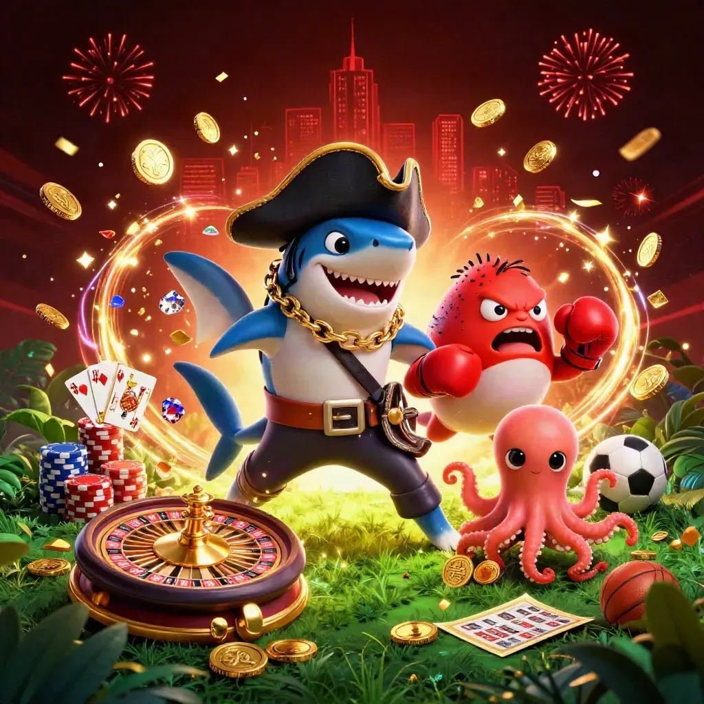 Pirate shark, boxing pufferfish, and coin-juggling octopus amid casino and sports-glow action