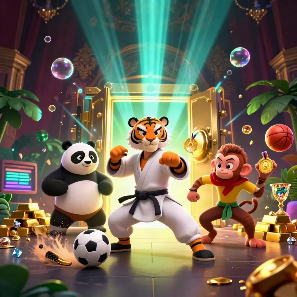 Tiger, panda, and monkey amid a gold vault, casino props, and jungle neon glow.