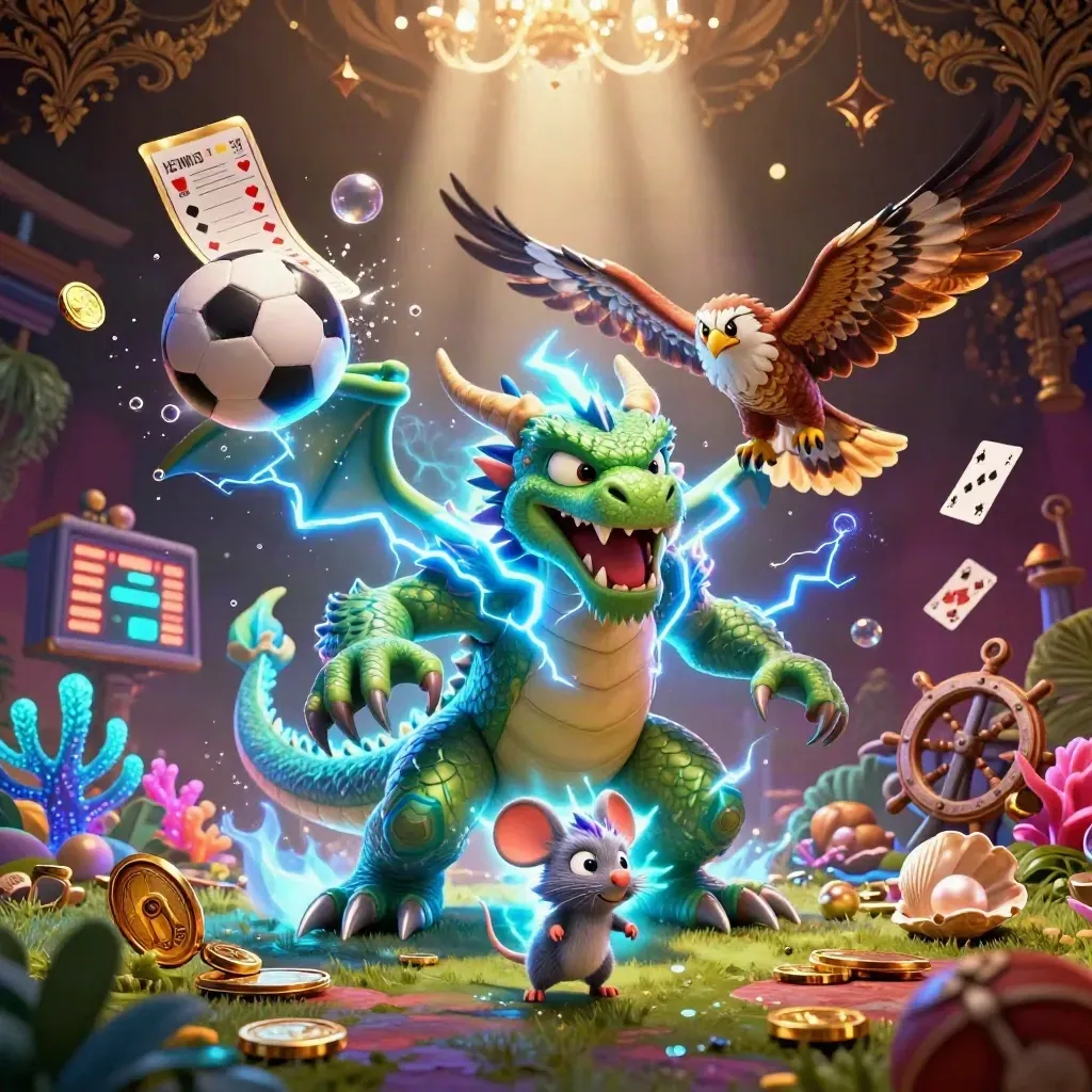 Thunder dragon, wind hawk, and static mouse amid coins, coral, balls, and bubbles in a dark treasure cove.