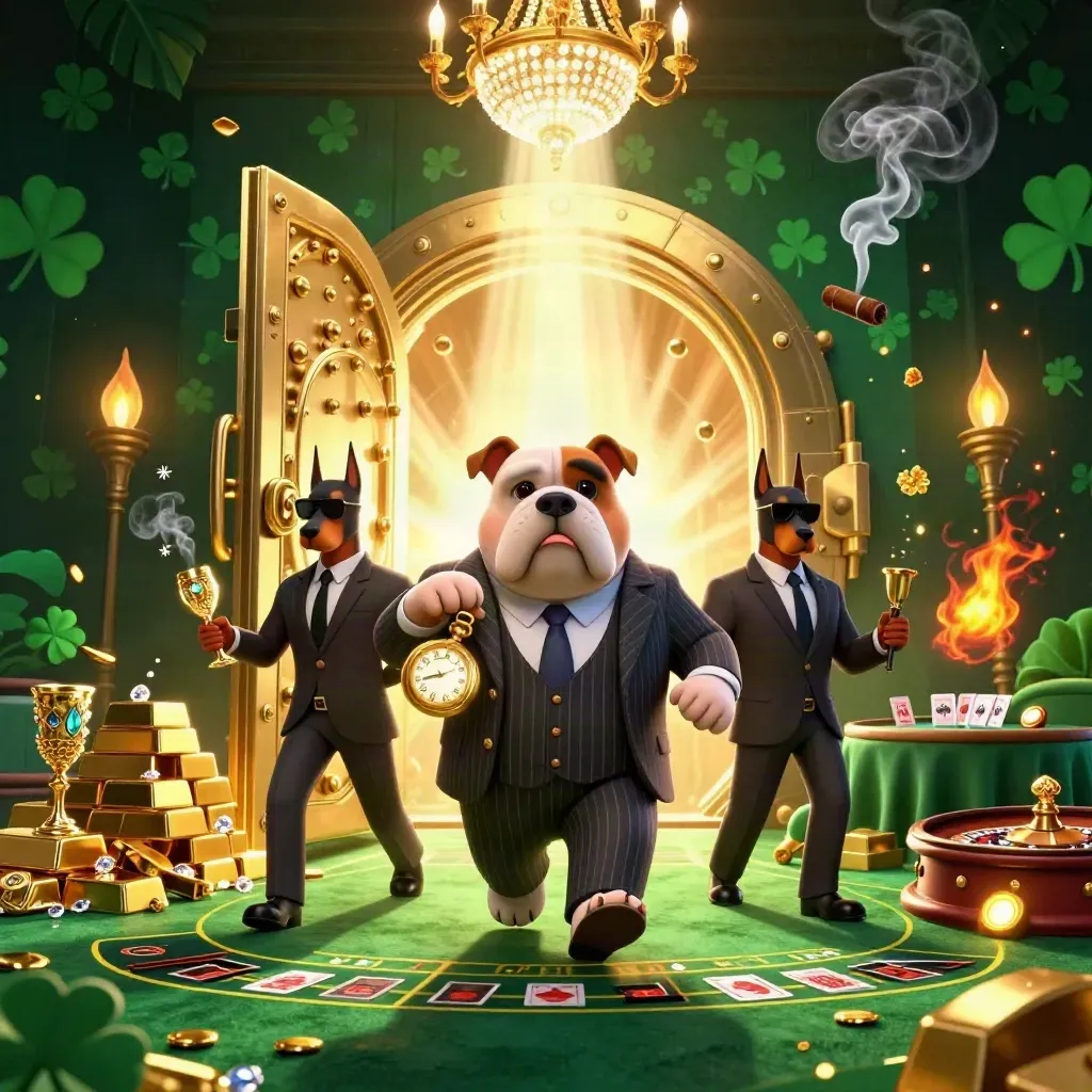 Bulldog mob boss and two Dobermans in a glowing casino vault with gold, gems, and emerald smoke