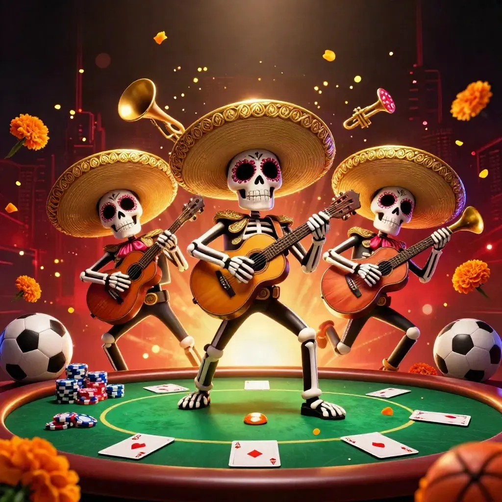 Skeleton mariachi trio amid poker chips, cards, balls, petals, and glowing casino lights