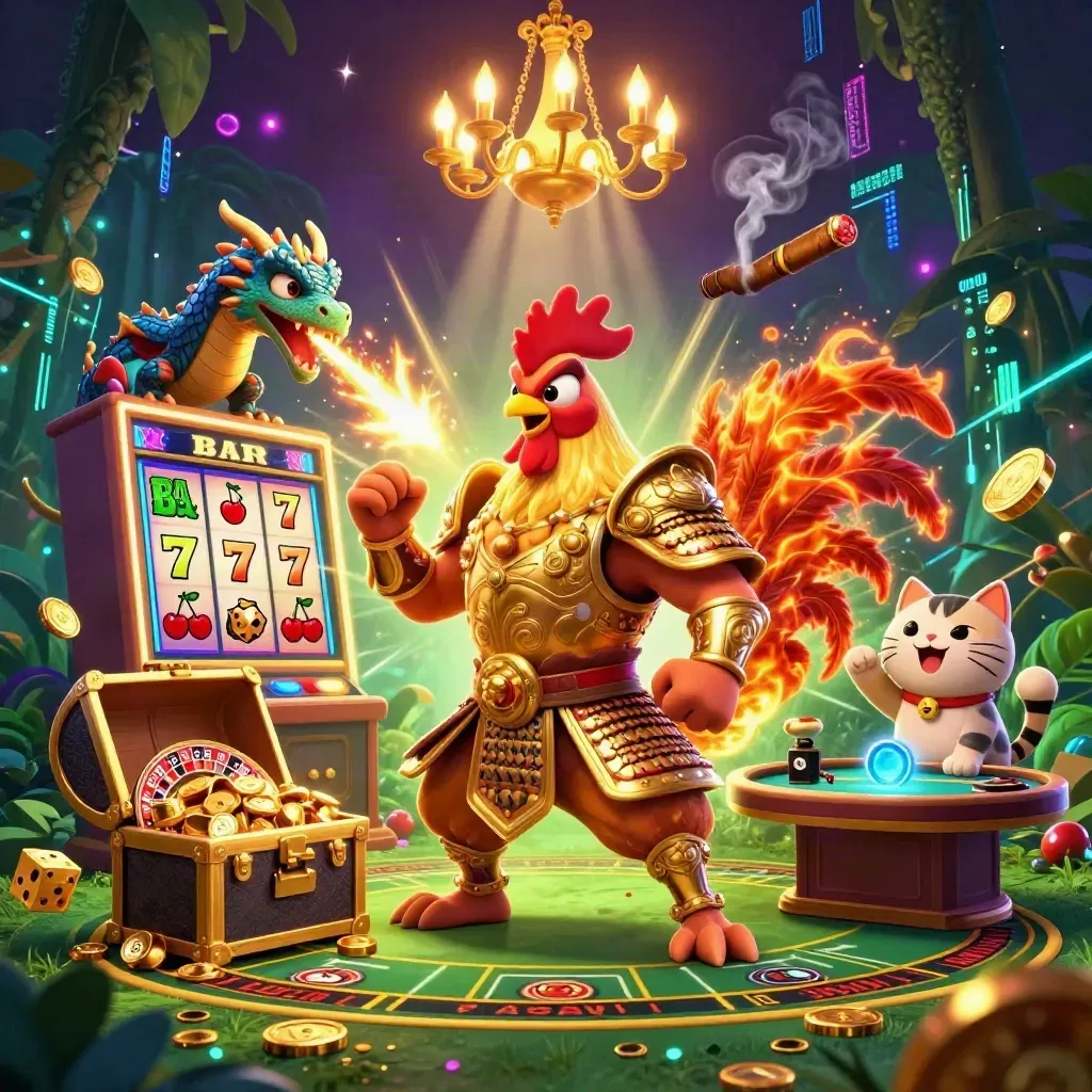 Rooster warrior, spark-breathing dragon hatchling, and fortune cat amid neon casino jackpot chaos