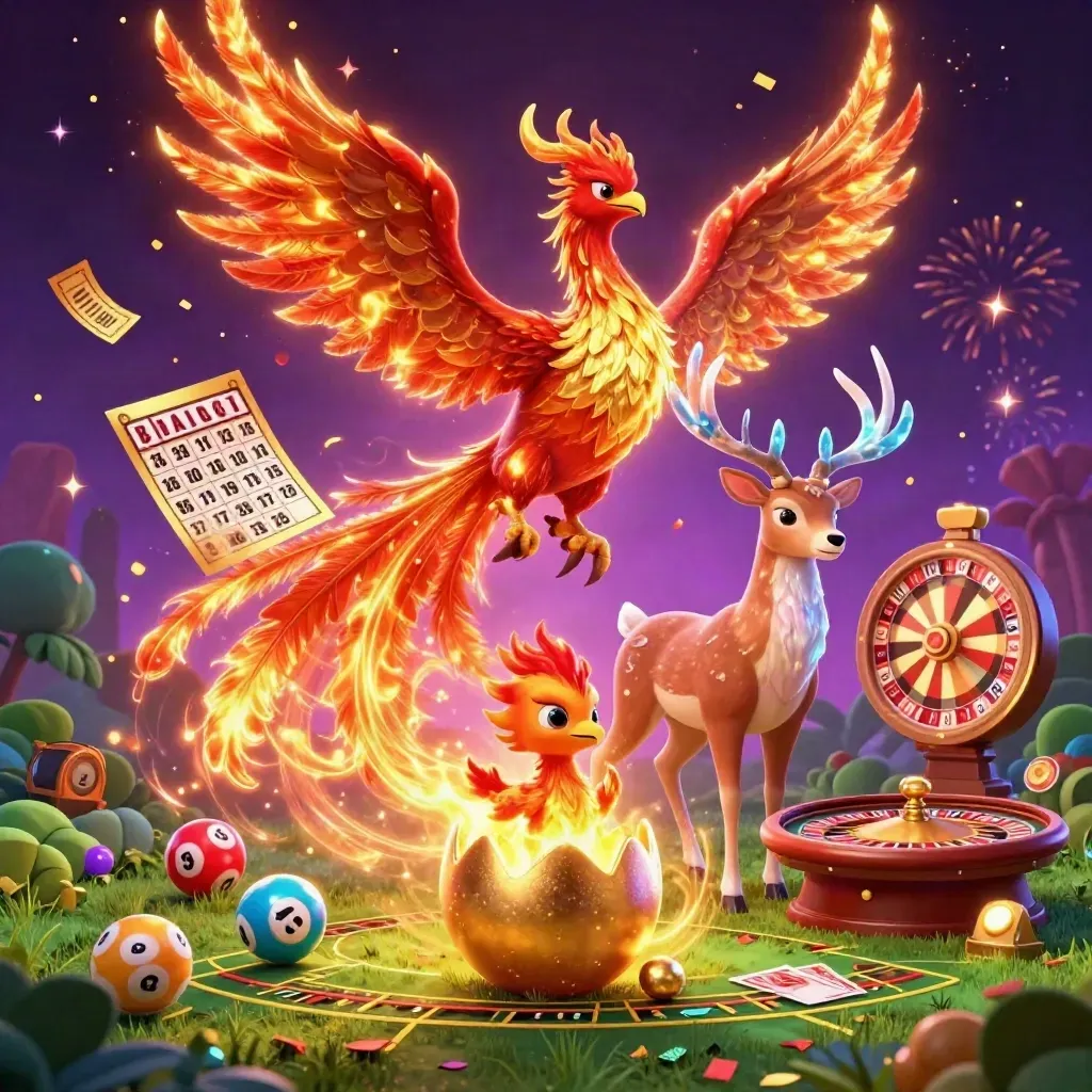 Phoenix, stag and hatchling amid casino magic, lottery balls, wheel, tickets and glowing lights.