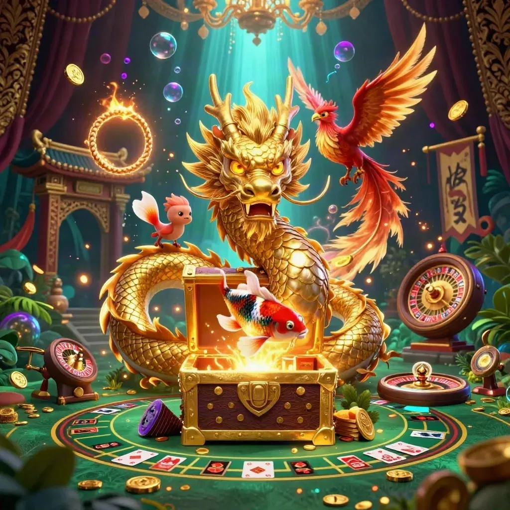 Golden dragon and phoenix over treasure chest with casino glamour, temple gate, and glowing lights