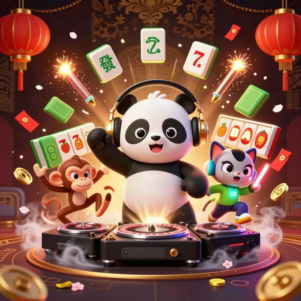 DJ panda, breakdancing monkey and glow-stick kitten amid casino loot, lanterns and neon game effects