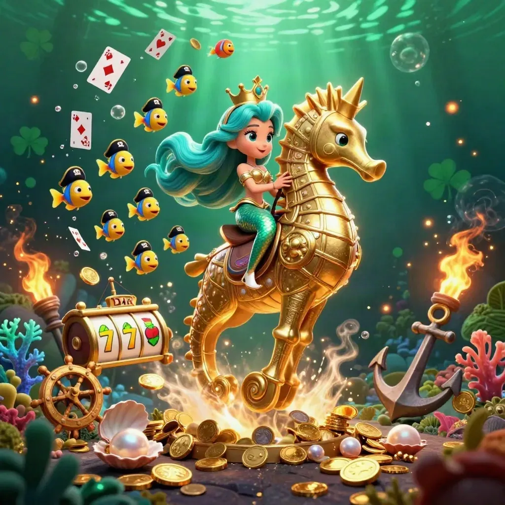 Mermaid princess on armored seahorse amid treasure, coral, coins, and pirate fish