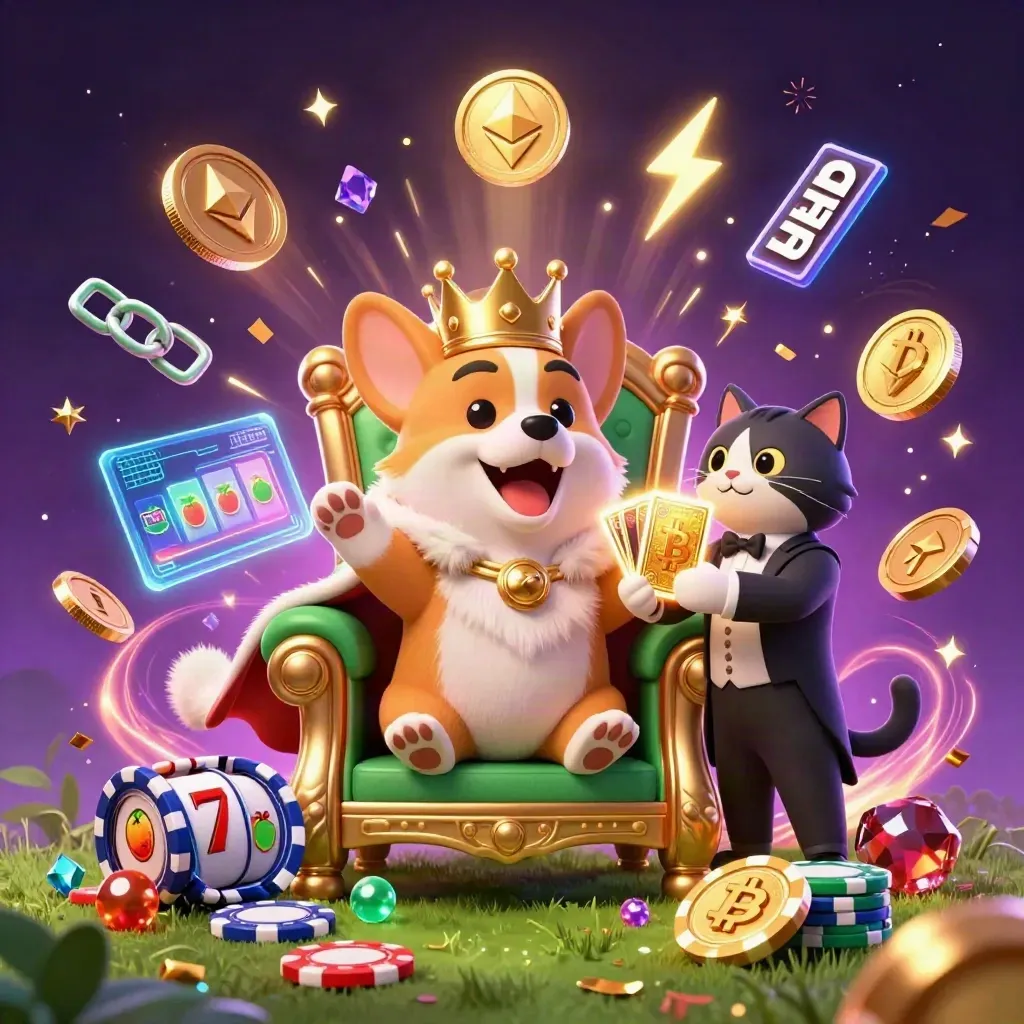 Royal corgi and cat butler amid neon casino chaos, coins, lightning, confetti, and sparkling energy