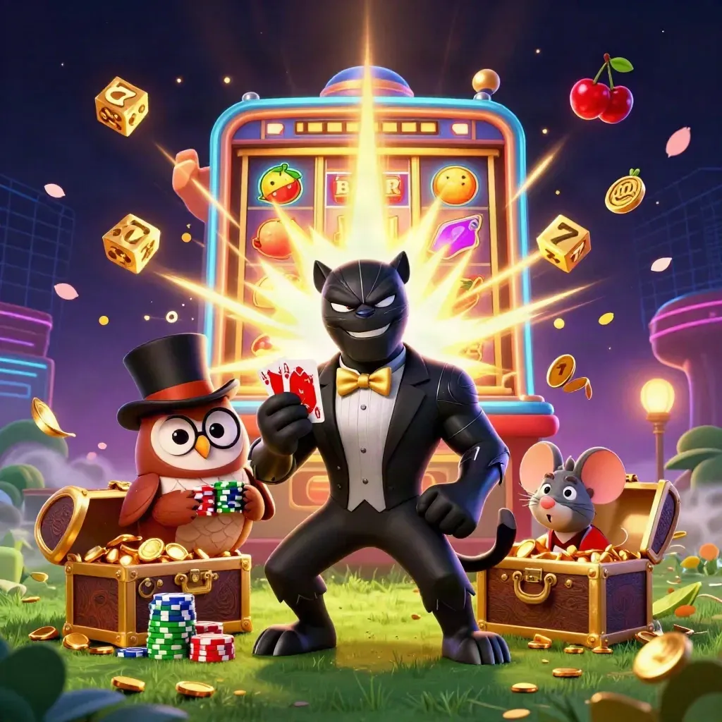Panther, owl and mouse in a casino jungle explosion with gold, chips and neon lime glow.