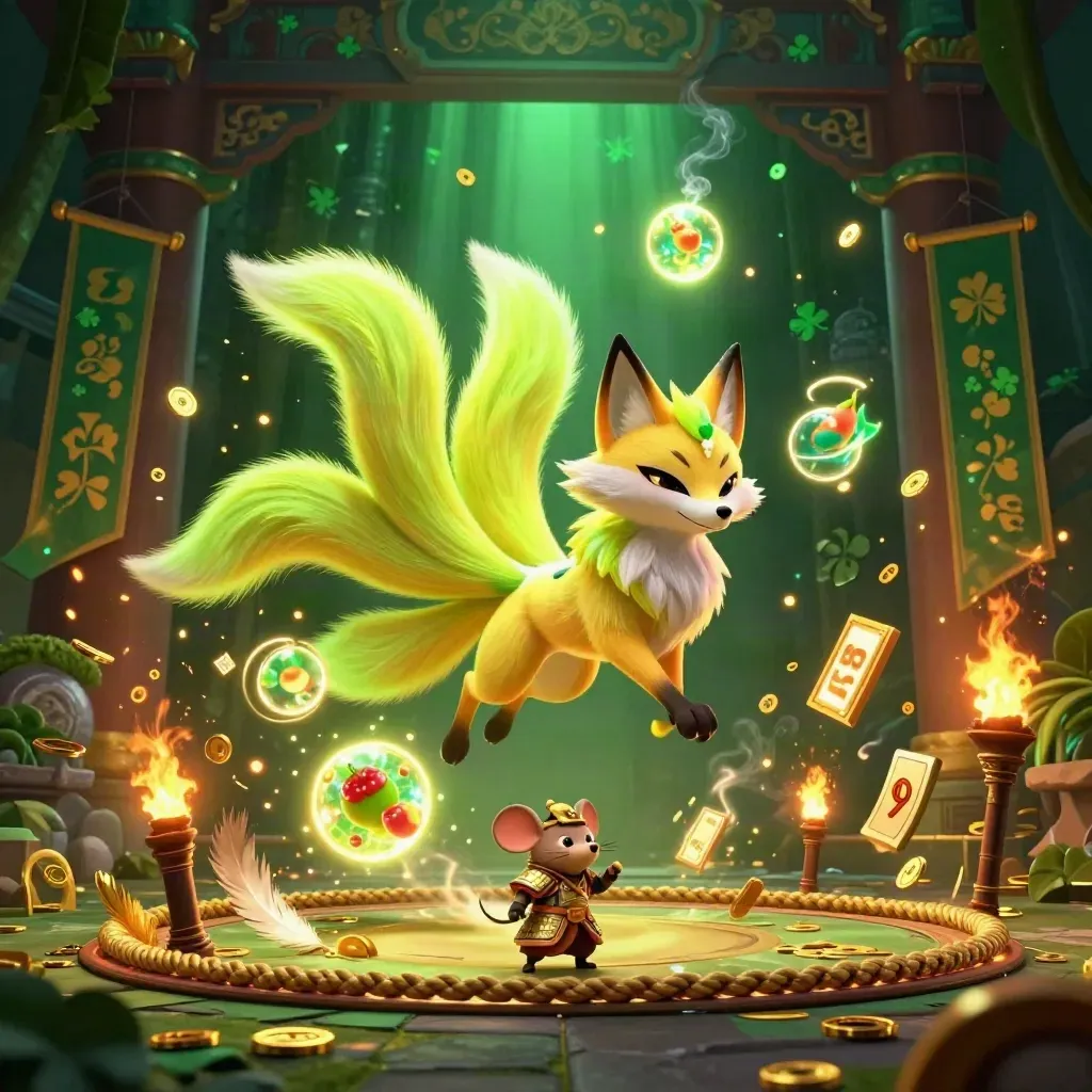 Neon fox spirit and armored mouse in a jungle casino temple gate scene with glowing orbs and coins