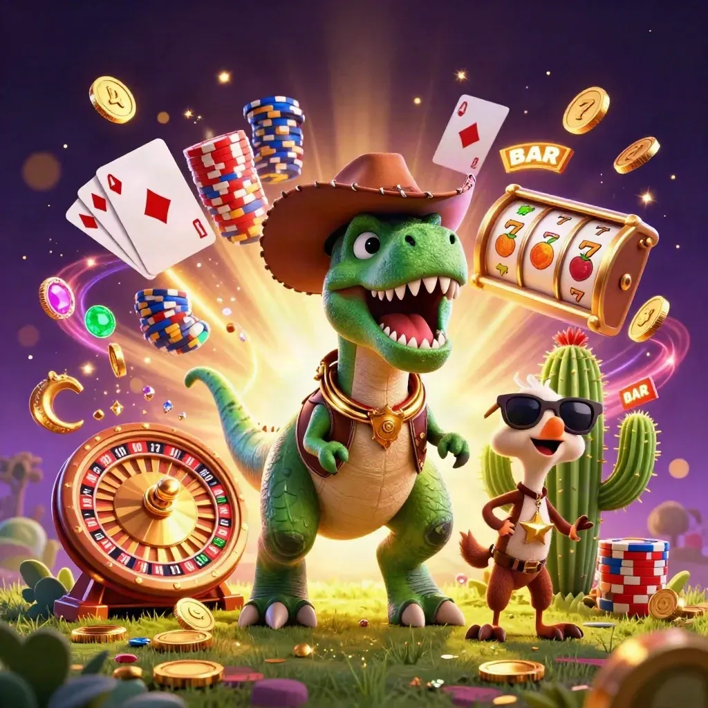 Cowboy T-Rex, cactus sidekick, and roadrunner amid coins, gems, roulette, cards, and glowing casino effects.