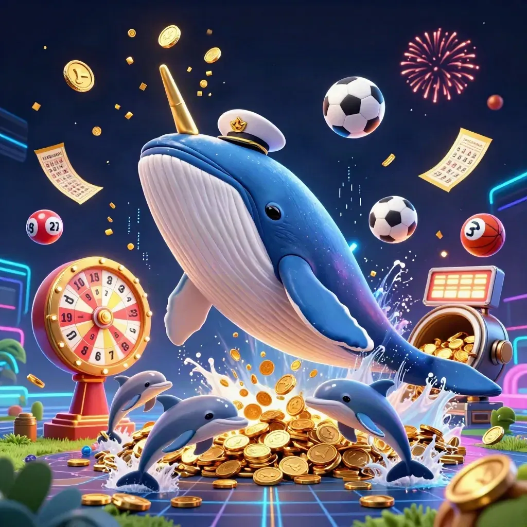 Whale captain, narwhal, and dolphins burst through gold coins with casino props and neon glow