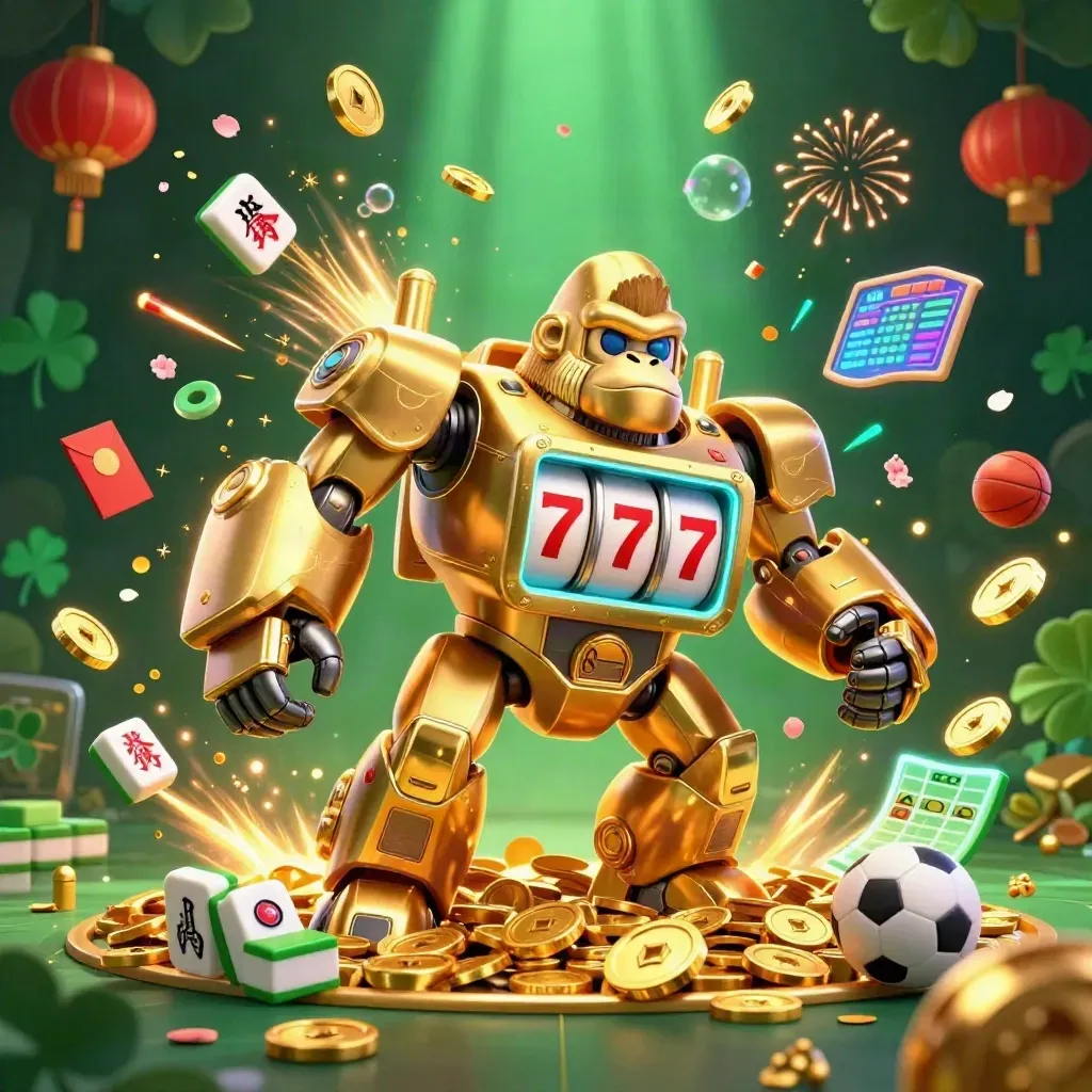Golden gorilla mech and monkey pilot burst through coins, lanterns, and neon casino effects.