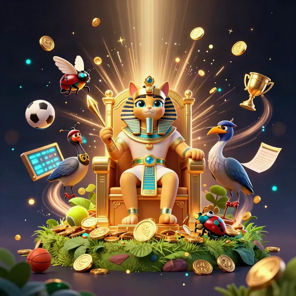 Pharaoh cat, ibis scribe, and gem-wing scarabs amid coins, balls, trophy, and fireworks.
