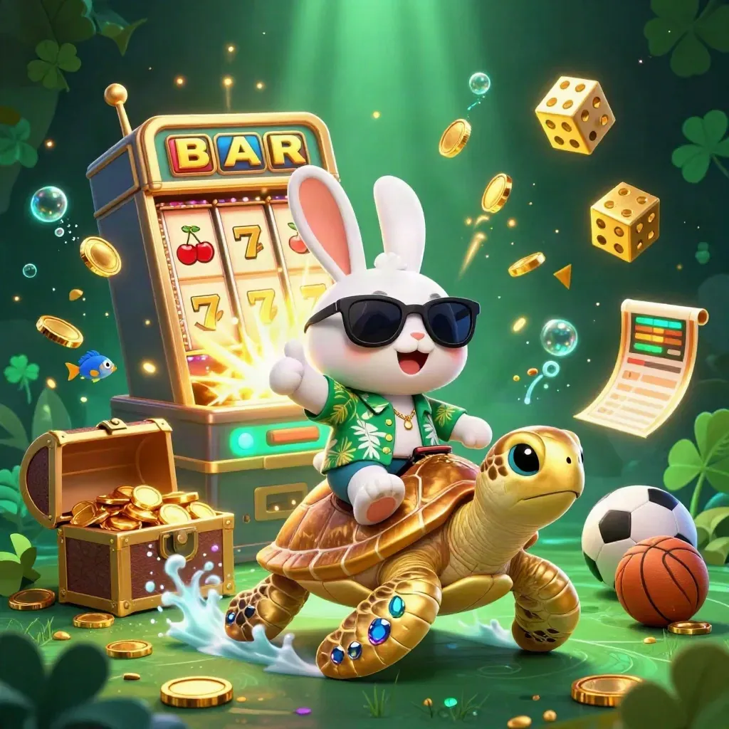 Lucky rabbit rides a golden turtle as a slot machine bursts with gold, dice, and casino rewards.
