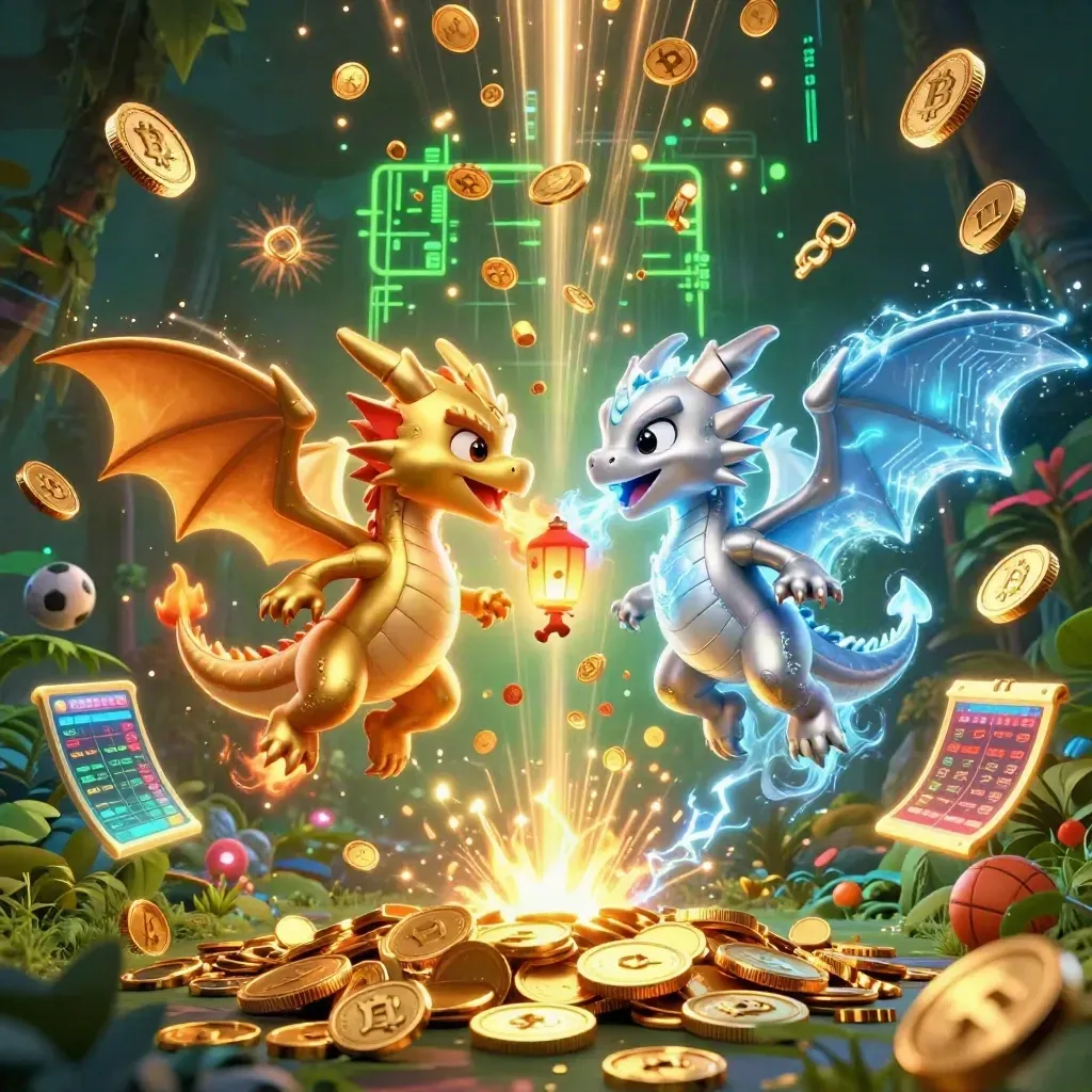 Twin gold and silver dragons burst through coins, fire, ice, lightning, and casino loot.