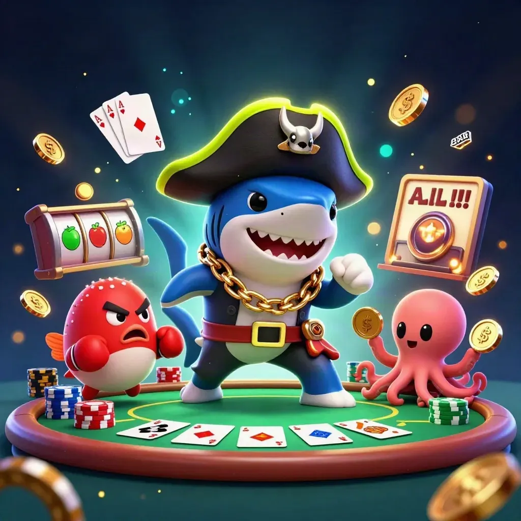 Shark pirate, boxing pufferfish, and octopus with coins over casino cards and chips.