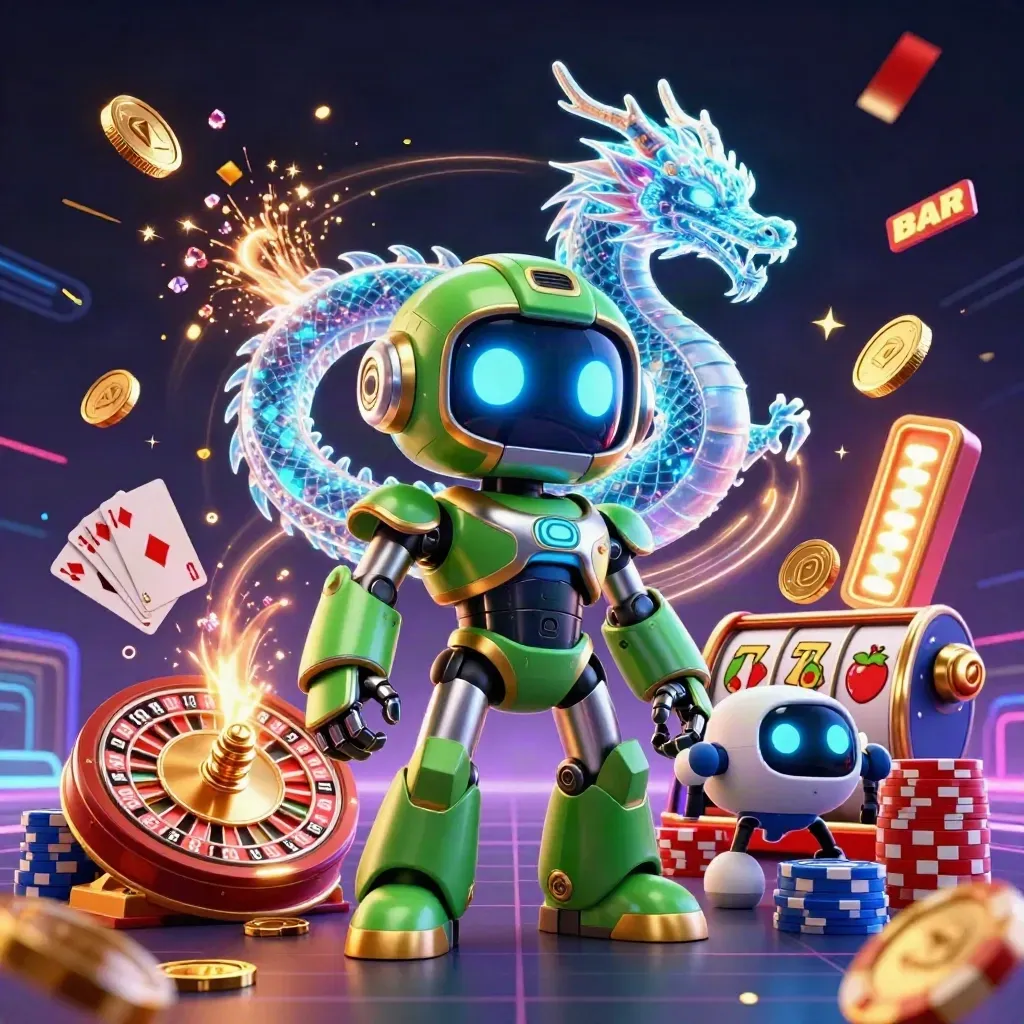 Cyberpunk robot, holographic dragon, and coin drone amid casino coins on a neon grid