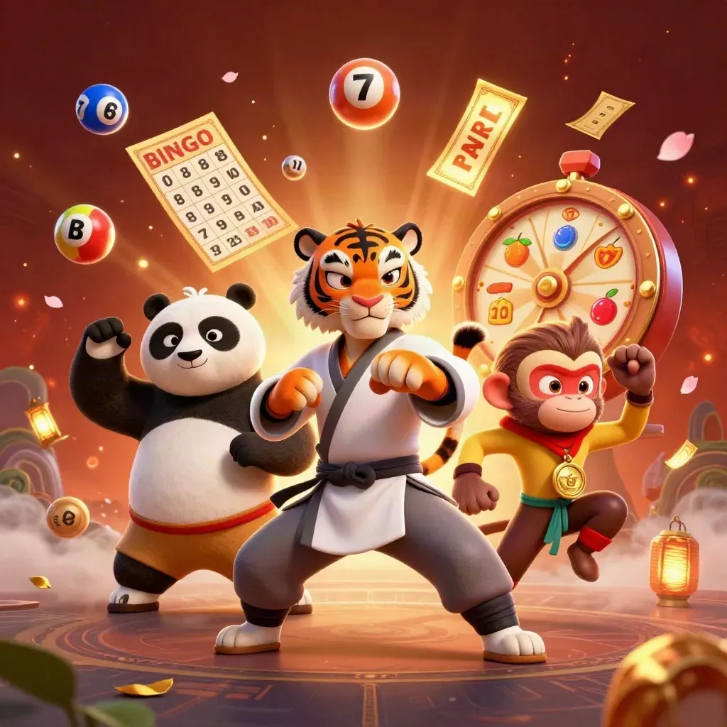 Kung-fu tiger, panda, and monkey amid casino game symbols and glowing ember light.