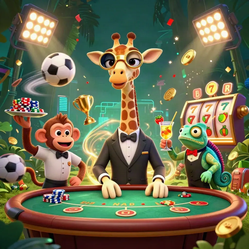 Giraffe, monkey, and chameleon at a neon VIP poker table with casino and sports bursts