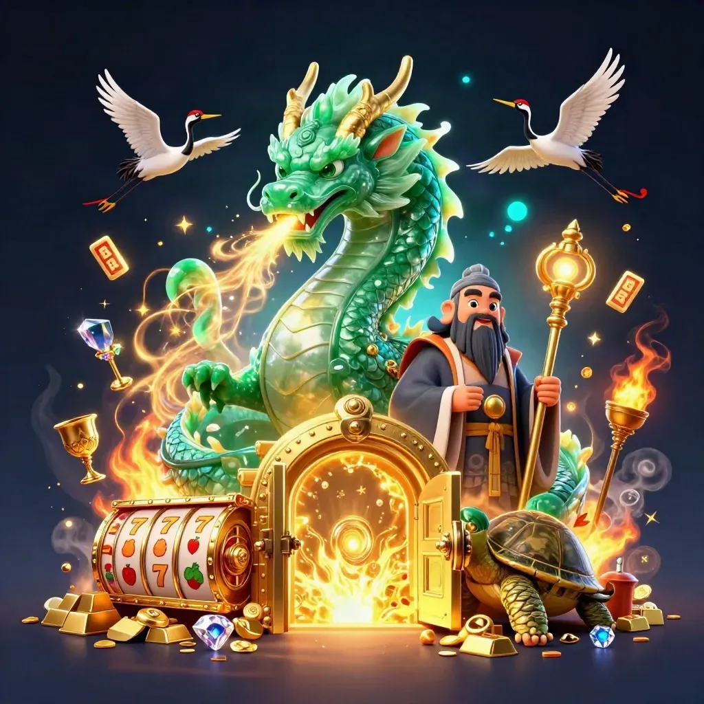 Dragon, turtle sage, and cranes burst from an open gold vault with neon casino glow.