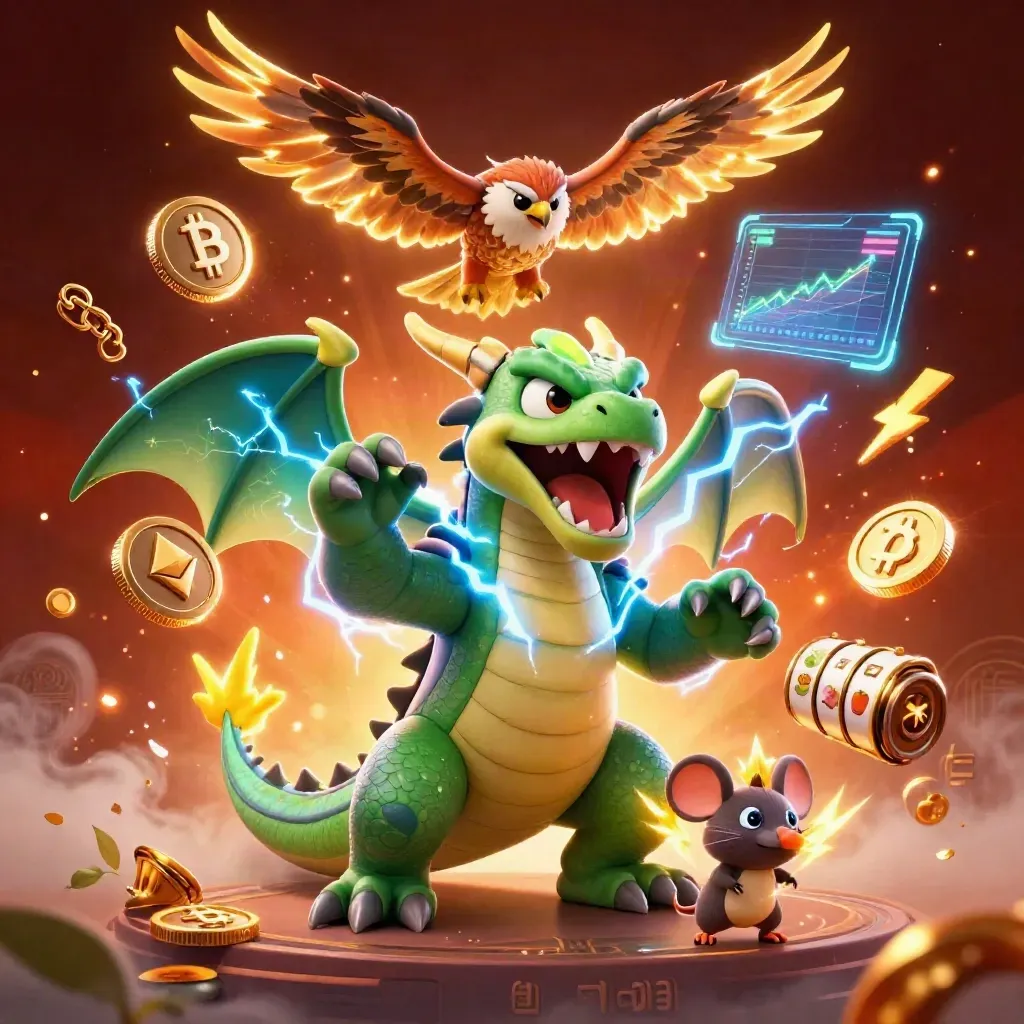 Thunder dragon, hawk and mouse amid casino coins, lightning and jungle glow