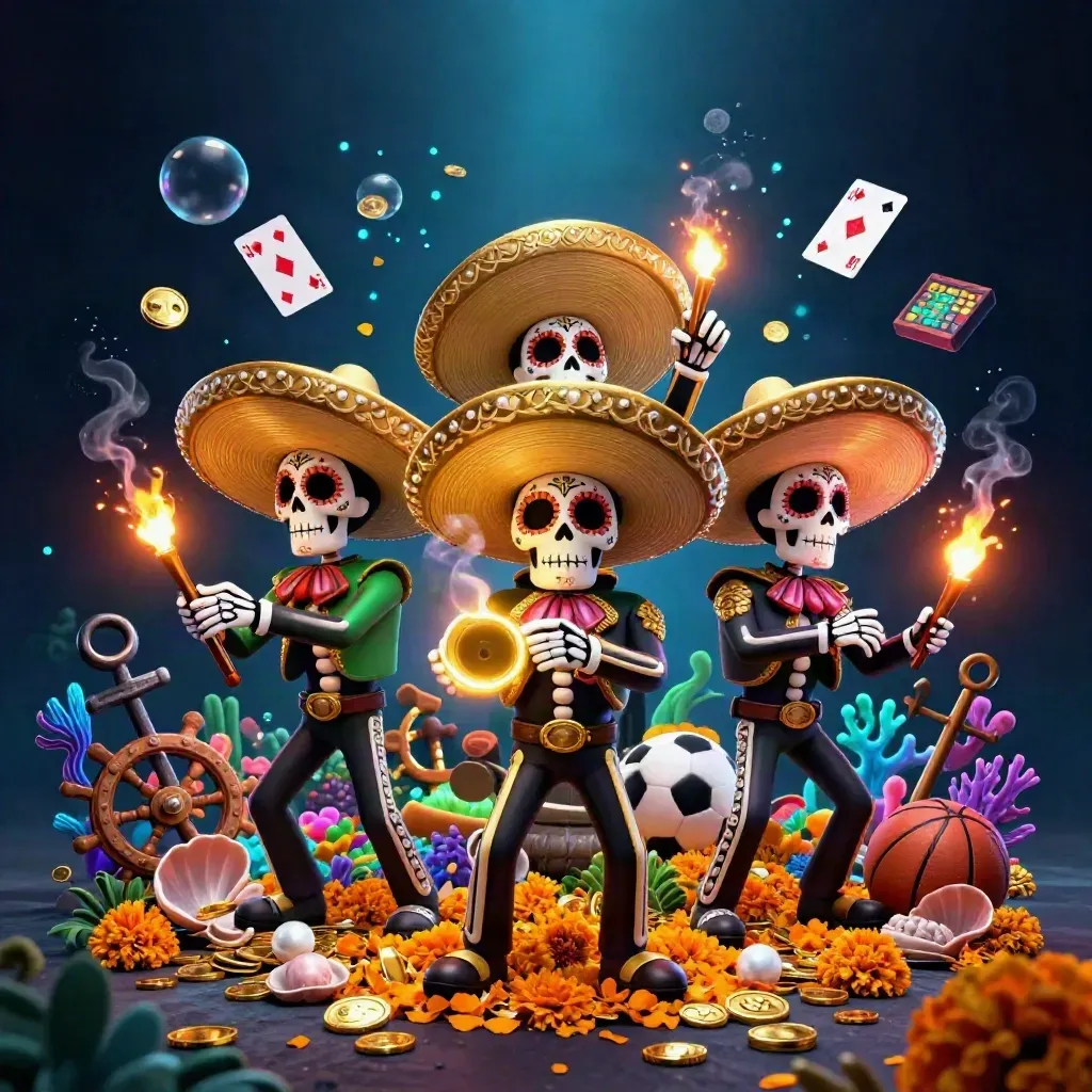 3D sugar-skull mariachi trio amid gold coins, coral, and neon casino treasure on a dark oceanic backdrop
