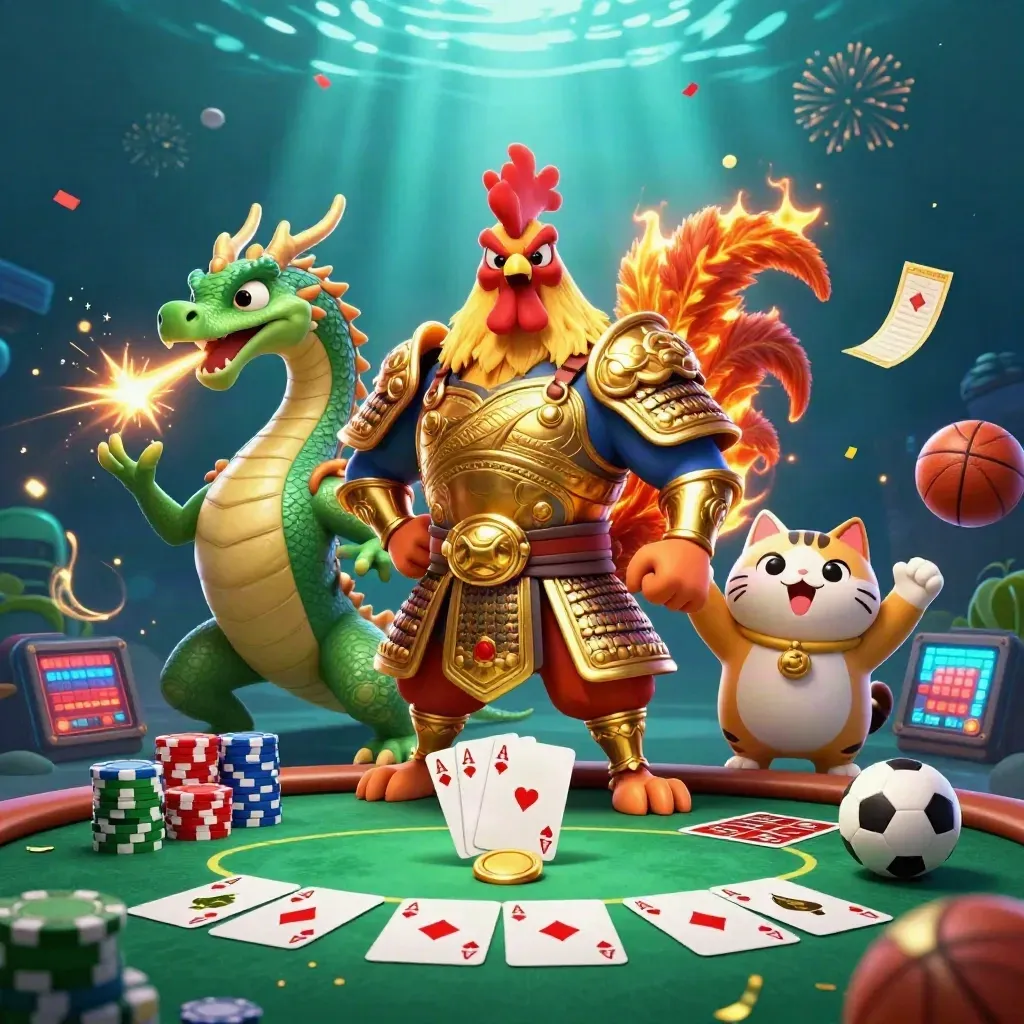 Rooster, dragon hatchling, and fortune-cat amid poker chips and glowing casino gear.