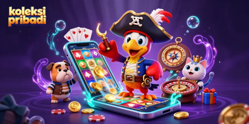 Koleksi pribadi scene showcasing a pirate captain, bulldog, and cat amidst slot machines and casino games.