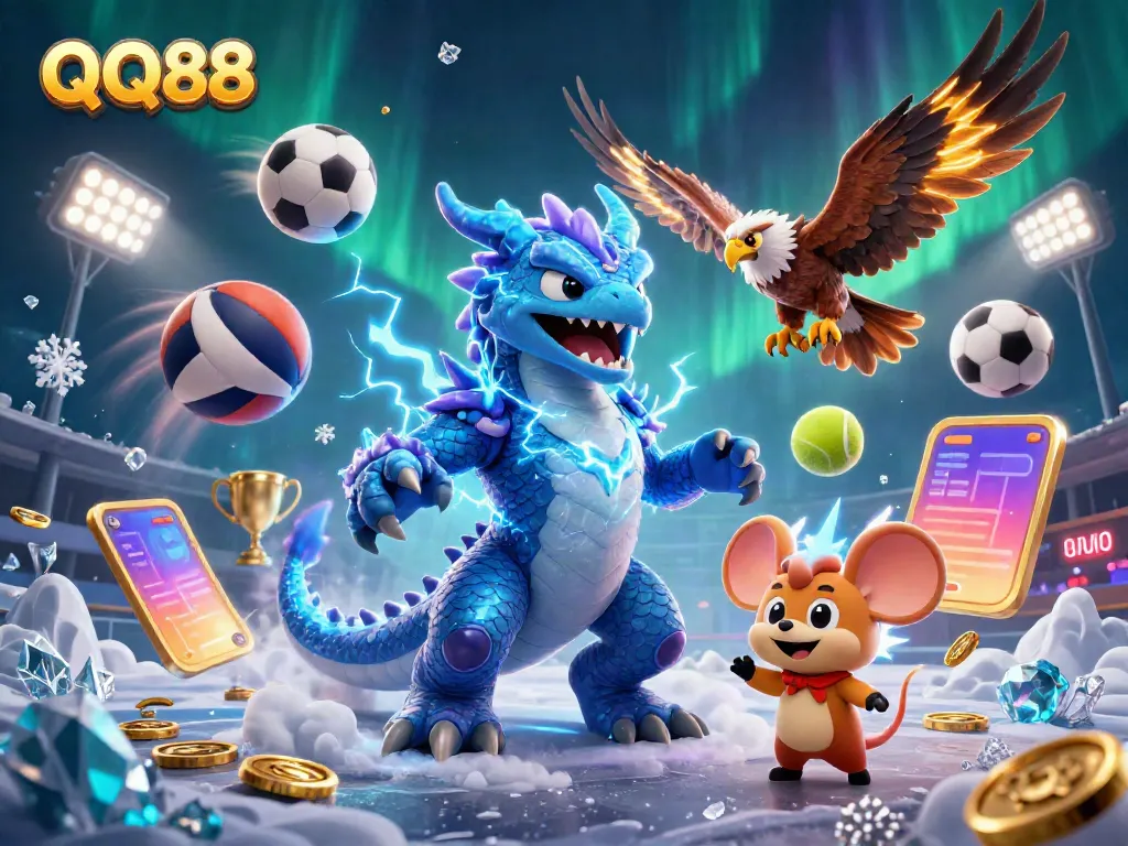 Experience QQ88's vibrant digital casino world with an electrifying dragon, hawk, and coins flying.
