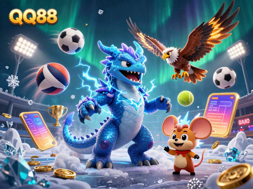 Experience QQ88's vibrant digital casino world with an electrifying dragon, hawk, and coins flying.