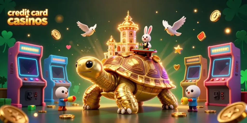 Engaging 3D scene of credit card casinos with a golden tortoise, rabbit dealer, and arcade elements.