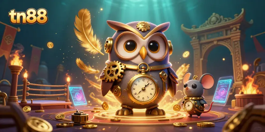 Experience the dynamic gaming scene at tn88 featuring a time-traveling owl and a clockwork mouse amidst vibrant casino elements.