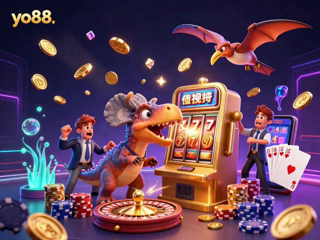 Experience the thrill of yo88 with a dynamic 3D scene featuring a pachycephalosaurus winning on a slot machine.