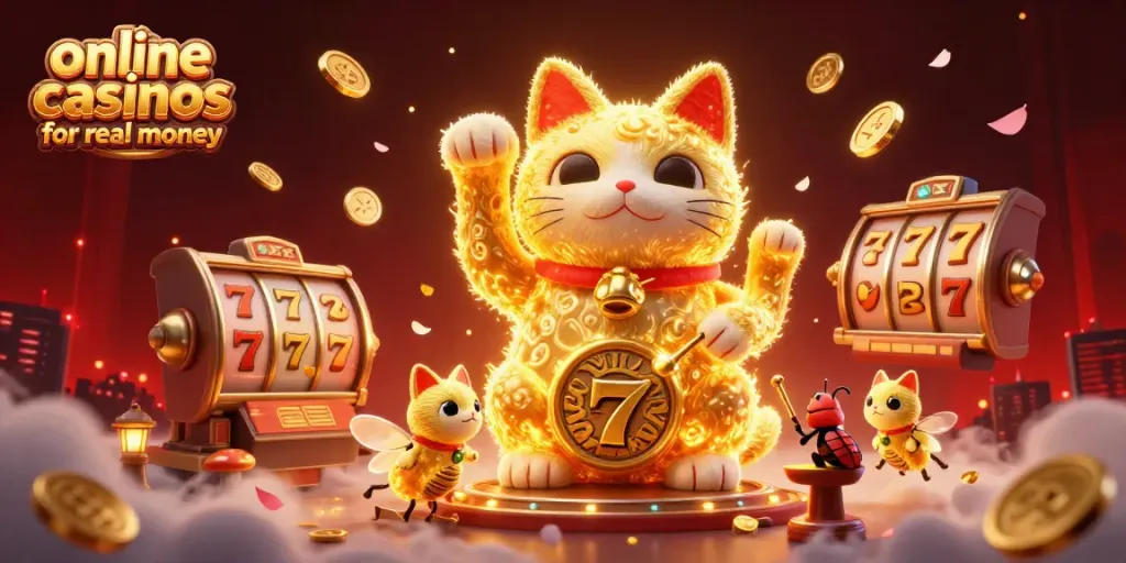 Engage with stunning online casinos for real money through a dynamic 3D scene featuring a lucky cat and casino elements.