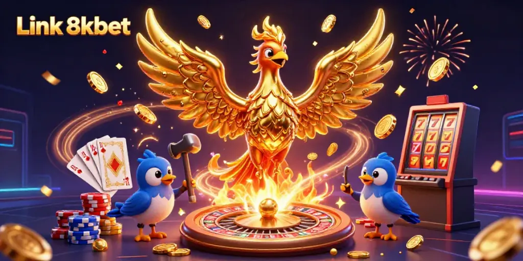 Experience the excitement of gambling with Link 8kbet, featuring a golden phoenix and dynamic casino elements.