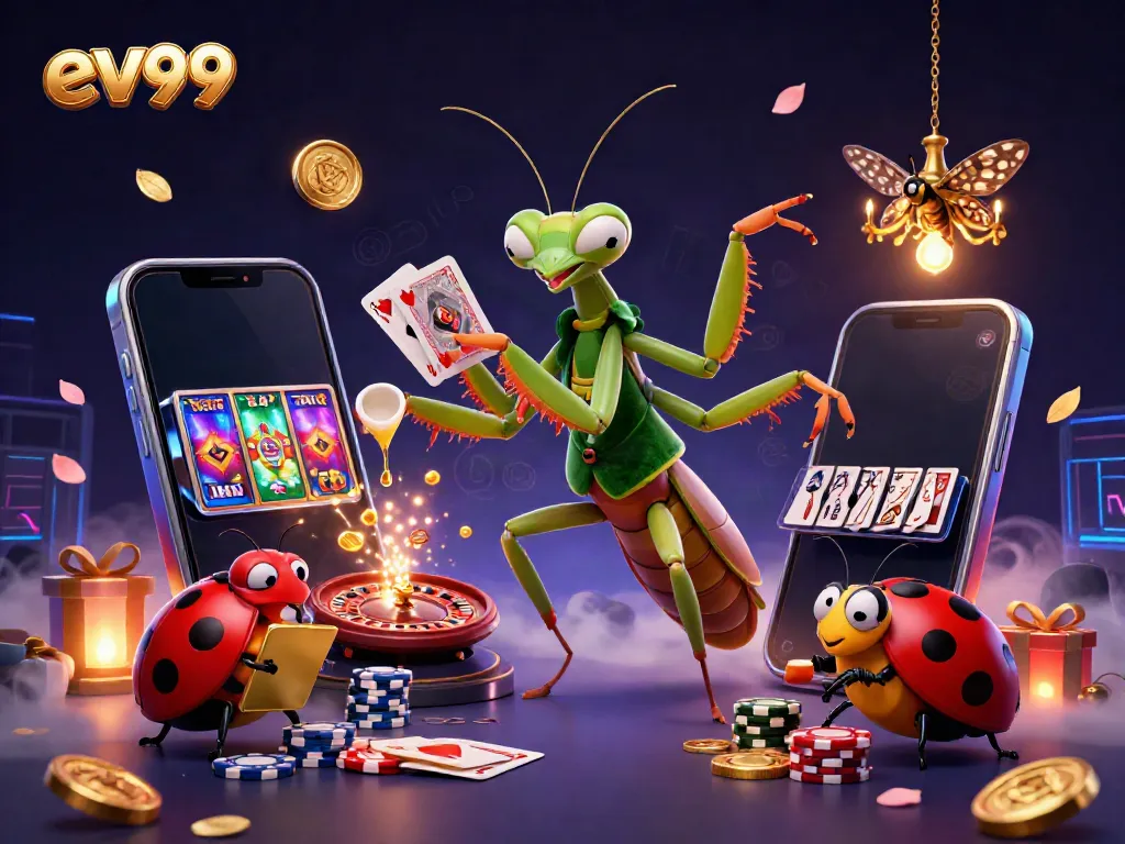 Join the exciting world of ev99 with a giant praying mantis card sharp and ladybug pit boss in a dynamic casino scene.