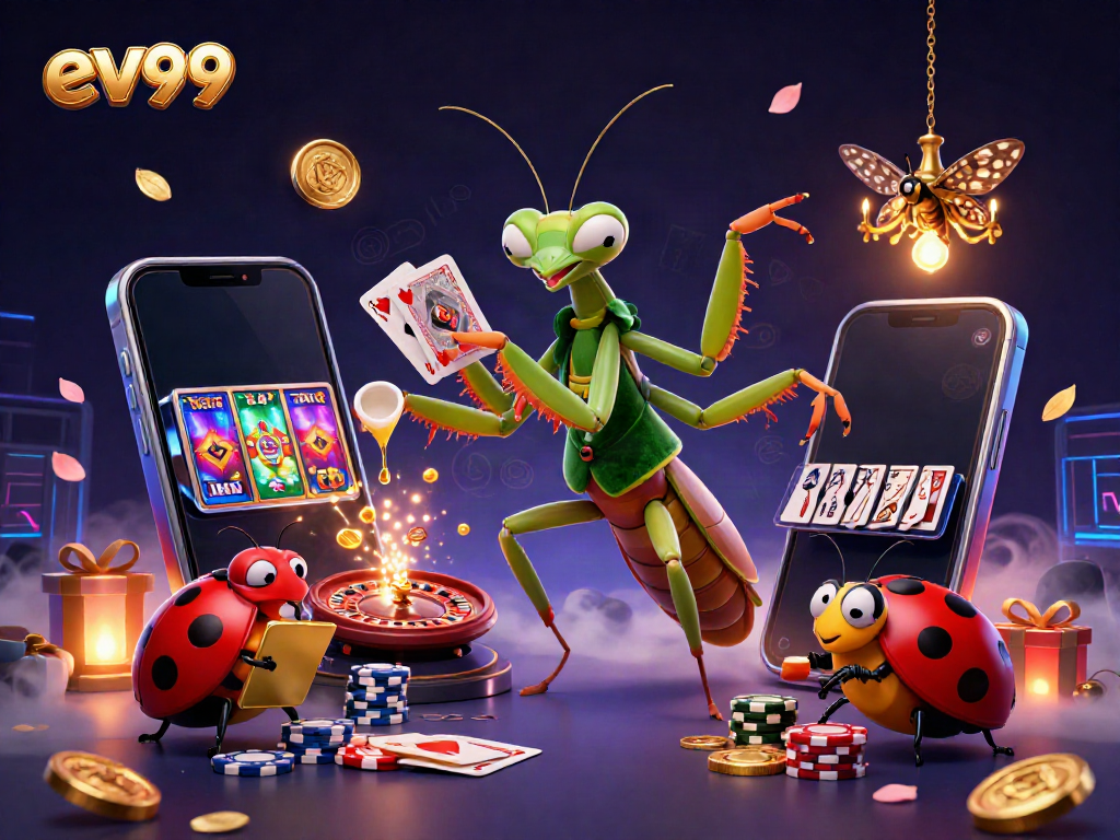 Join the exciting world of ev99 with a giant praying mantis card sharp and ladybug pit boss in a dynamic casino scene.