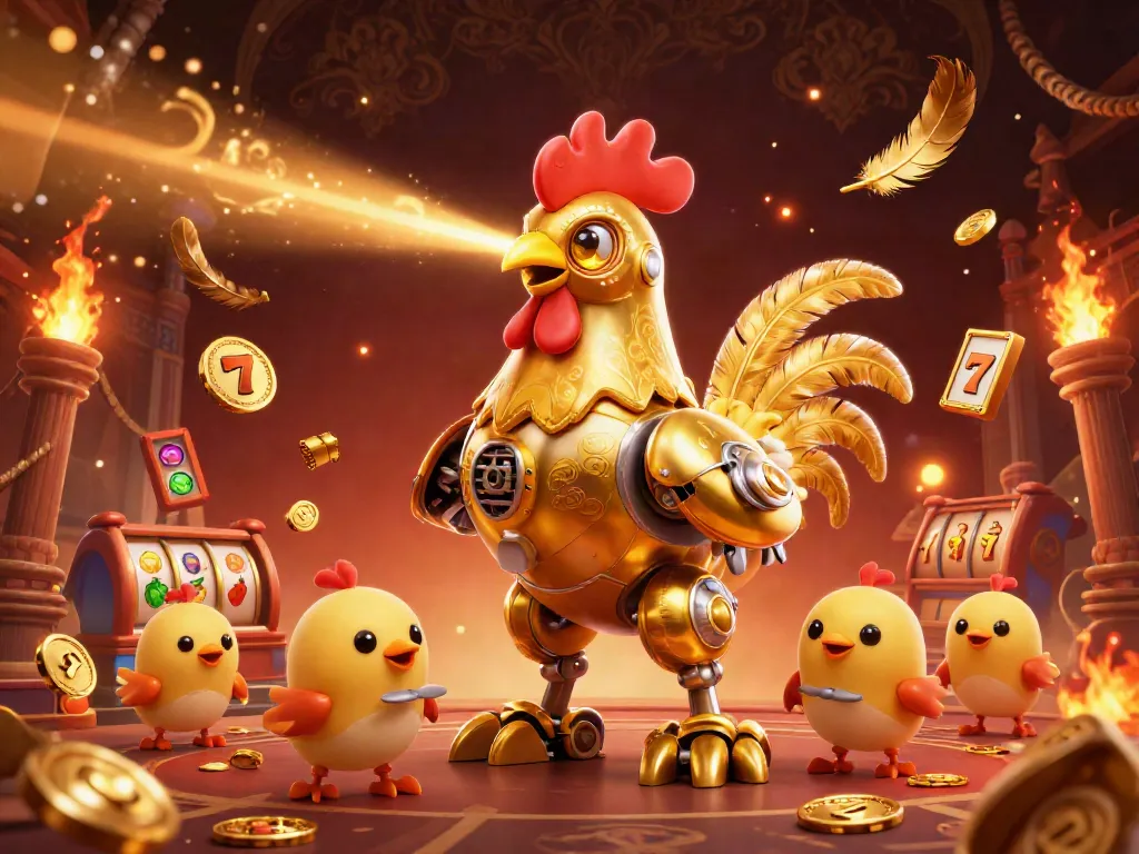 Xoso66's golden rooster robot and baby chick drones in a vibrant casino scene filled with slot elements.