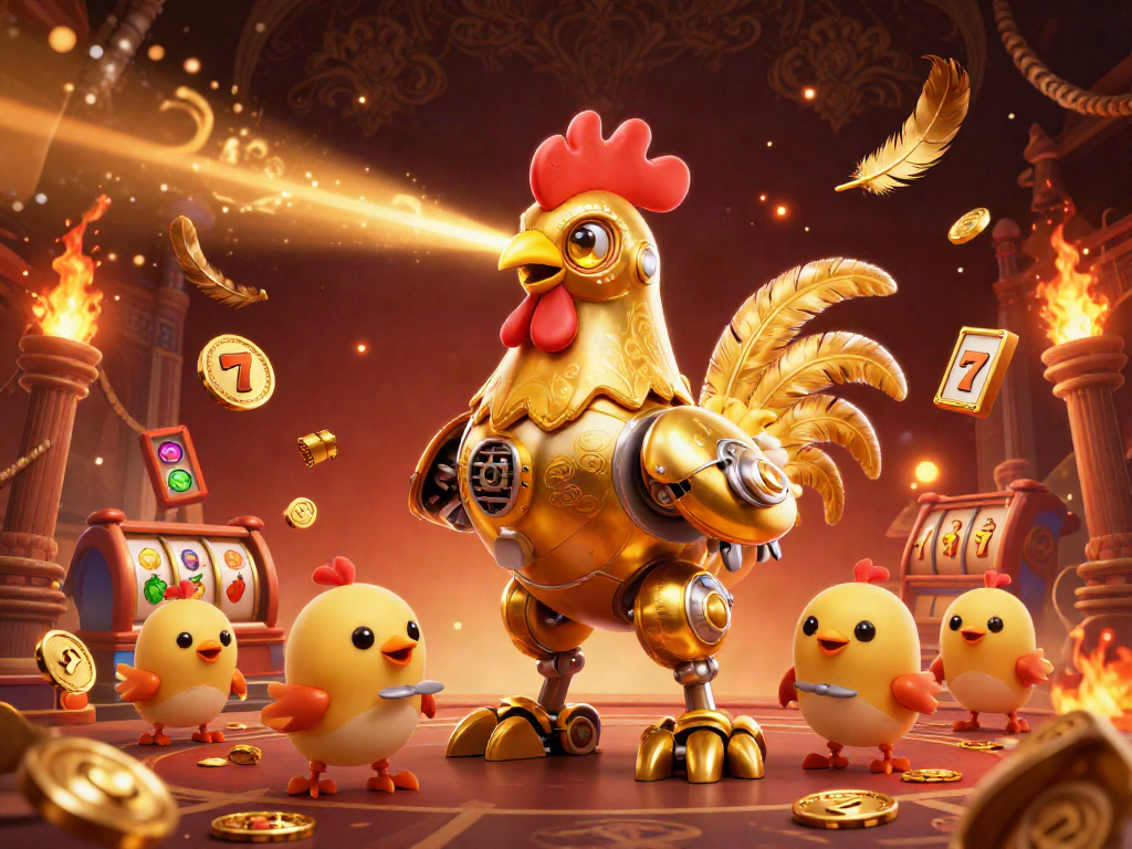 Xoso66's golden rooster robot and baby chick drones in a vibrant casino scene filled with slot elements.