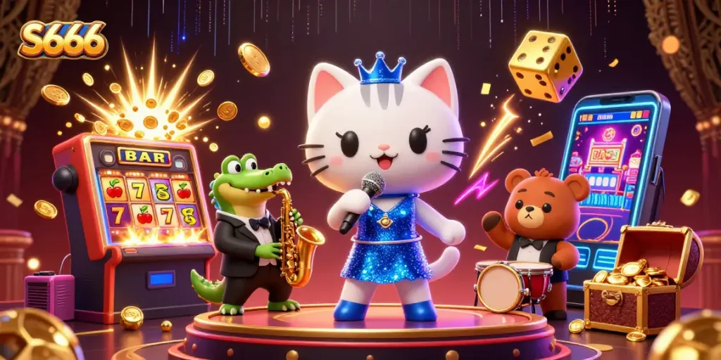 Experience S666 with a lively 3D illustration featuring entertaining casino characters amidst dynamic gaming elements.