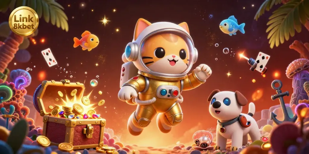 Experience the thrill of Link 8kbet with a captivating underwater adventure, featuring space-themed characters and vibrant game elements.