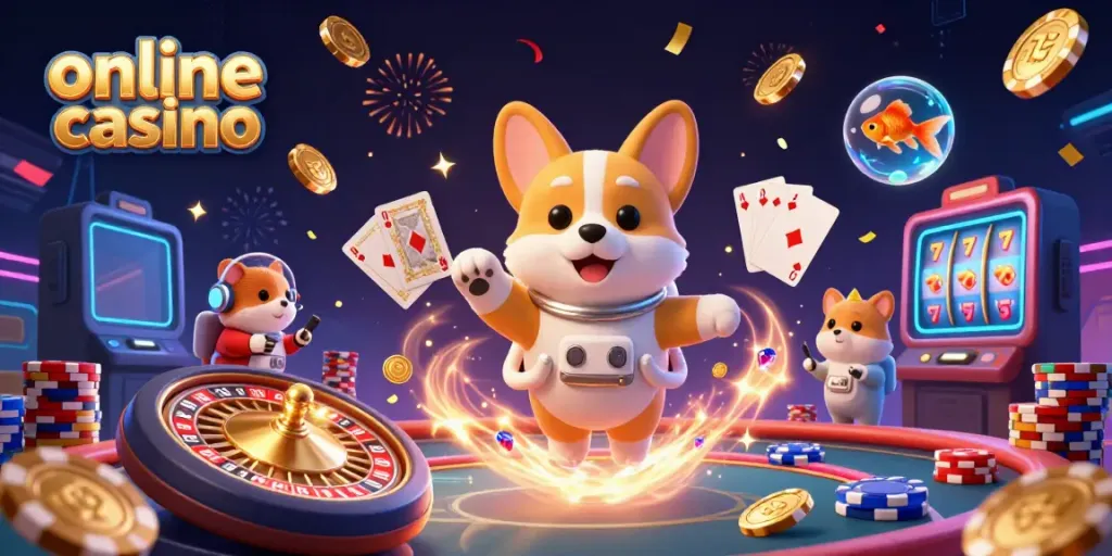 Experience the thrill of an online casino in this vibrant, animated 3D scene.