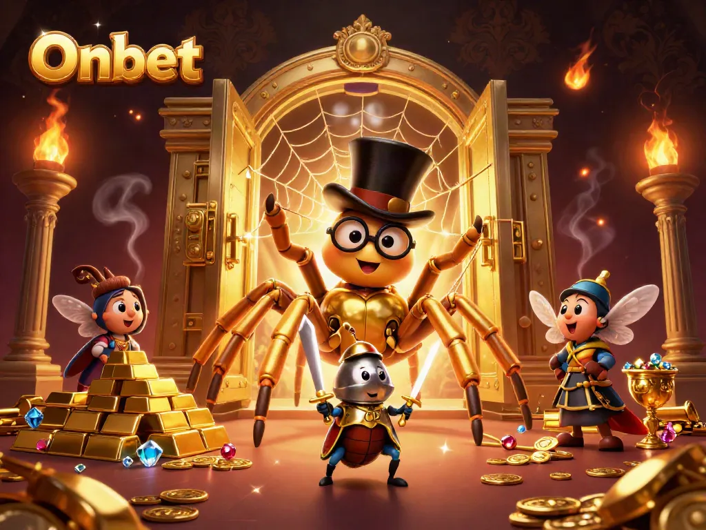 Experience Onbet through a vibrant scene with a golden tarantula spinning riches and a valiant beetle knight.
