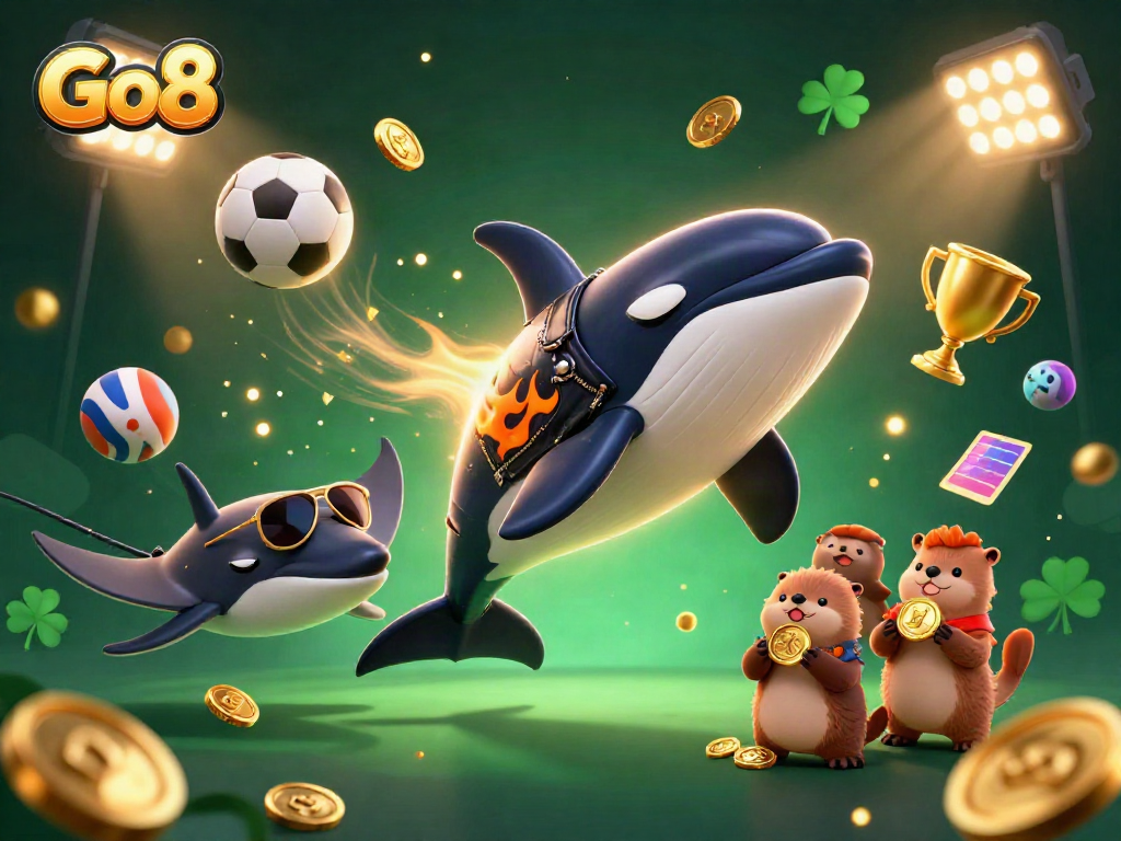 Go8 themed 3D casino illustration with characters engaging in vibrant sports betting activities amidst golden coins.