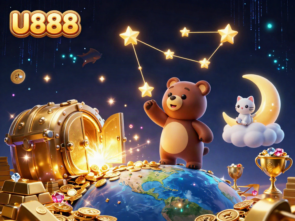 Engage with U888's vibrant casino world filled with treasures and cosmic elements.