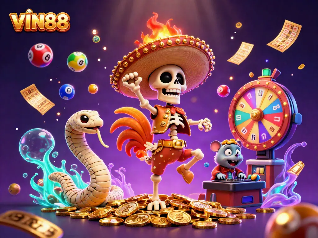 Experience the excitement of VIN88 with a vibrant 3D illustration of dynamic gambling characters.
